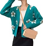 nicticsi Strickjacke Damen Y2K Pullover mit Blumenmuster V-Ausschnitt Langarm Vintage Preppy Stil Strickpullover Floral Print Cardigan H Hellblau Einheitsgröß