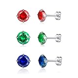 Kämise Damen Silber Ohrstecker, 3 Paare 925 Sterling Silber Zirkonia Ohrstecker Ohrringe Set, 5mm Hypoallergen Unisex Klein Schlafen Ohrstecker mit 5A Zirkonia, 3 Farben in Grün, Rot, Sap