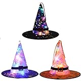 liuer 3PCS Hexenhut Kinder Hexenkostüm LED Hallooween Deko Karnevalskostüm Kostümzubehör Cosplay Mütze Halloween Partyhut Hexenhut für Kinder Mädchen Jungen und Erwachsene(38×33cm)