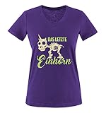 Comedy Shirts - Das letzte Einhorn - Skelette - Damen V-Neck T-Shirt - Lila/Hellgrün-Beige Gr. L