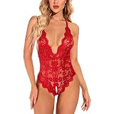 Erotische Dessous Einteiler Damen Sexy Body mit Blumenspitze Rückenfreier Jumpsuit mit tiefem V Ausschnitt Unterwäsche mit offenem Schritt Teddy Nachtwäsche Pyjama Schlafanzug Babypuppen Negligé
