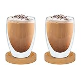 BlackSea 2x 350 ml doppelwandige Gläser mit Bambus Untersetzer (Thermogläser Set Latte Macchiato Cappuccino Kaffee Tee Cocktail)
