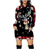 Damen Weihnachtskleid Vintage Raglanärmel Prüfen Hoodie Kleider Langarm Weihnachtskostüm Rotnasen Rentier Lustig Partykleider Christmas Sweatshirt Winter S