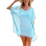 JMITHA Damen Strandponcho Sommer Strandkleid Sommerkleid Bikini Badeanzug Cover Up (One Size(XS-2XL), Hellblau Tassel)