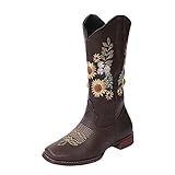 Stiefel Damen Sonnenblume Bestickt Vintage Cowgirl Cowboy Westernstiefel Motorradstiefel (42,2kaffee)