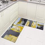 Küchenteppich-Set, grau und gelb, Straße, modern, abstrakt, quadratisch, rutschfest, gepolstert, Anti-Ermüdung, Küchenmatten und Teppiche, weicher Kristall-Samt, langlebig, 2 Stück