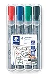 STAEDTLER Lumocolor 356 WP4 Flipchart-Marker, farbintensiv, geruchsarm, Rundspitze ca. 2 mm Linienbreite, hohe Qualität, ideal für Flipchart-Blöcke, Set mit 4 Farb