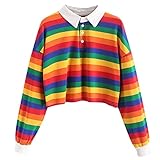 NINGSANJIN Damen Sweatshirt Pullover Oversize Drucken Herbst Winter Rainbow Streifen Langarm Bluse Buttons Oberteile Loose Sport Outwear (Rot,S)