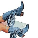 Hwcpadkj Western Vintage Cowboy Knöchelstiefel Damen Kurzstiefel Runder Kopf Retro Dicke hochhackige mittelhohe Stiefel mit Spitzen Zehen und Fransen,Schwarz,40