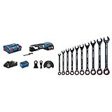 Bosch Professional 18V System Akku Multi-Cutter GOP 18V-28 (inkl. 1x5.0 Ah Akku, Ladegerät GAL 18V-40, 4x Sägeblätter, in L-BOXX 136) & 10 tlg. Ring Maulschlüssel Satz mit Ratschenfunktion (8-19 mm)