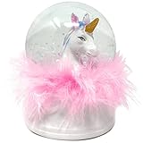 Schneekugel Einhorn Kopf mit Glitzer - Schüttelkugel aus Glas | Dekofigur Unicorn mit LED Licht, Glitter & Federn in Pink | Deko Pferd Kugel Snowglobe Höhe 9 cm [1 Stück]