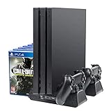 ElecGear PS4 Vertikaler Ständer Ladestation, Lüfter Kühler Standfuß, 12x Blu-ray Spiele Hüllen Halterung Stand mit Dual Charger Ladegerät für PlayStation 4 Wireless C