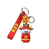 LZHLMCL Tasche Schlüsselring Kette Neujahr Zodiac Cow Maskottchen Tasche Anhänger Puppe Cartoon Silikon Pvc Auto Schlüsselanhänger Anhänger Schlüsselb