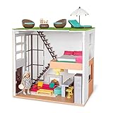 LORI 45733 Puppenhaus Loft Spiel Set, Zubehör für Puppe 15cm, Puppenstube, Wohnung, Dachterrasse, Wohnbereich, Kochecke, offene Küche, Bett,