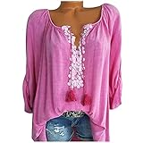Fitzac Damenoberteile Reine Farbe Lose V-Ausschnitt Damen T-Shirt Sexy EIN-Wort-Ausschnitt Spitzennähte Langarm D