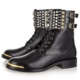 yinghesheng Damen Chelsea Stiefel Mode Low Heel Halblange Stiefel Leather Stiefeletten Runde Zehen Ankle Boots Spangen Schnürstiefel Winter Outdoor Wandern rutschfest Party Boots,Schwarz,36 EU