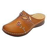 BRISEZZ Damen Gra Cosy Clogs Schuhe Leder Slippers Slip On Pantoletten Anti Strandsandalen Vintage Penny Loafer Leder Hausschuhe Frauen Plateau Freizeitschuhe mit Weichen Sohlen(Braun,43)