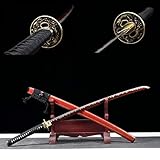Red Flame Samurai Schwert,Manganstahl-Klinge,aus reinem Kupfer geschnitzter Handschutz,103 cm handgefertigtes Katana für Cosplay Geschenke Display Dekor sammeln Kendo I