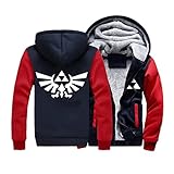 ukukuk Herren Fleecejacken - Full Zip Hooded Sweatshirt 3D Legend Zelda Printed Cardigan Jacket Winter Warm Coat(Color: navy-red,Size:4XL)