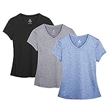 icyzone Damen Sport Fitness T-Shirt Kurzarm V-Ausschnitt Laufshirt Shortsleeve Yoga Top 3er Pack (XL, Black/Granite/Blue/)