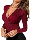 Winkinlin Damen Langarm-Pullover, Strickpullover, einfarbig, schmaler V-Ausschnitt, Sweatshirt, Pullover, legere Bluse, Unterwäsche, weinrot, S