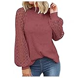 SHITOUJI Damen Langarmshirt Tops Spitze Lose Langarm Bluse Oberteile Elegant Laternenärmel Shirts Waffel Strick Rundhals Damenblusen Pullover Sw