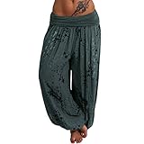 Lazzboy Frauen Damen Printed Band Breite Lose Beinhosen Casual Hosen Pumphose Harem-Stil Sommerhose Einheitsgröße Haremshose Lange Leinen Hose Gürtel Aladin Pants(Armeegrün,3XL)