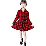 WOYAOFEI Blusenkleid Mädchen Kinder Kariert Langarm Hemdkleid Gestreift Kleid Lässige Kleidung mit Gürtel, Baby Mädchen gestreift Plaid Gürtel Shirt Kleid, Gr. 110-160 (S2, 7-8 Jahre)