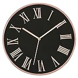 Foxtop Schwarze Wanduhr leise, Nicht tickende runde dekorative Uhr für Wohnzimmer, Schlafzimmer, Küche, Büro (30cm, römische Ziffer)