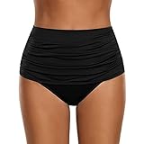 OverDose Damen Plus Größe Badehose Frauen hoch taillierte Badehose Geraffte Bikini Hosen Schwimmen Shorts Swim Shorts (Black,XL)