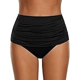 OverDose Damen Plus Größe Badehose Frauen hoch taillierte Badehose Geraffte Bikini Hosen Schwimmen Shorts Swim Shorts (Black,L)