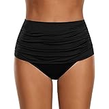 OverDose Damen Plus Größe Badehose Frauen hoch taillierte Badehose Geraffte Bikini Hosen Schwimmen Shorts Swim Shorts (Black,XL)