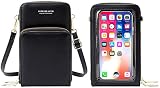Handy Umhängetasche Damen Touchscreen Handytasche PU Leder Weibliche Brieftasche Pouch Kartenhalter mit Schultergurt und Handschlaufe (Schwarz)