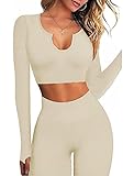 Hwnovdy Nahtlose Workout-Sets für Frauen, gerippter Sport-BH, hohe Taille, Lauf-Shorts, Fitnessstudio, 2-teiliges Yoga-Set, 01beige, Larg