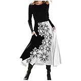 GOKOMO Damen Kleid Hohe Taille Langarm Elegant Kleid mit Rundhalsausschnitt und Farbblock-Print Schlank Kleid Party Kleider Hochzeitskleid Abendkleid Lang Sexy Kleid Damen(M,Dunkelgrau)