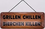 Blechschild mit Kordel 27 x 10 cm Wand/Tür Schild: Grillen, Chillen, Bierchen Killen - B