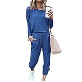 LASPIA Damen Zweiteilige Freizeitanzug Hausanzug Sportanzug Rundhals Lange Ärmel Elastischer Taille Beiläufiges Einfarbig Leisure Hose mit Taschen Sportswear Lose,Blau,XL