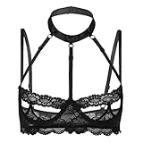 MSemis Damen offene Brust BH Spitze Crop Top Neckholder Bra Ouvert Dessous Bikini Oberteil Unterwäsche Erotik Reizwäsche Clubwear K Schwarz XXL