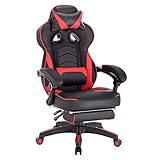 WOLTU Gaming Stuhl Racing Stuhl Bürostuhl Chefsessel Schreibtischstuhl Sportsitz mit Kopfstütze und Lendenkissen, mit Fußstütze, Kunstleder, höhenverstellbar, Rot, BS71