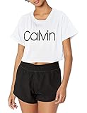 Calvin Klein Performance Damen Calvin Logo Short Sleeve Rolled Cuff Crop Tee T-Shirt, weiß/schwarz, X-Groß