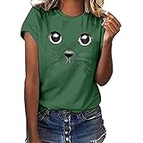 Cat Printed T-Shirt Damen Tops Sommer Kurzarm Basic Pullover Casual Animal Expression Motiv Tunika O-Neck Loose Bluse(L,Z4 Grün)