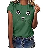 Cat Printed T-Shirt Damen Tops Sommer Kurzarm Basic Pullover Casual Animal Expression Motiv Tunika O-Neck Loose Bluse(L,Z4 Grün)