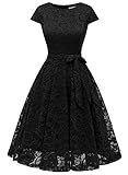 MuaDress 6008 Cocktailkleid Knielang Cape Ärmel Spitzen Brautjungfernkleid Floral Elegant Schwarz XS