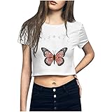 Komiseup Sommer Damen T-Shirt Lustige Niedliche Vintage Totenkopf Druck Seitenschlitz Top Kurzarm Bluse Lustiger Briefdruck Lose Rollärmel Damenob