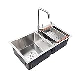 XCTLZG Becken 304 Edelstahl-Einspülbecken und Kupferkern Sieben-Wort-Wasserhahn-Zubehör,Oberseitenmontage/Unterputzmontage,Glatt langlebig