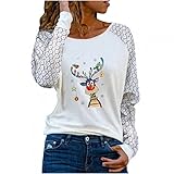 PWKNRD Weihnachten Bluse Damen Langarm Sweatshirt Elegant Schulterfrei Pullover Sexy V-Ausschnitt Weihnachtsshirt Schön Elch Druck Langarmshirt Party Lose Tshirts Bequemes Oberteil für F