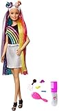 Barbie FXN96 - Regenbogen-Glitzerhaar Puppe mit langen blonden Haaren, versteckter Regenbogen aus fünf Farben, Glitzergel, Haarbürste,Haarstyling-Zubehör, Spielzeug Geschenk für Kinder ab 5 J