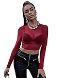 DIDK Damen Crop Top mit Transparenten Netsztoff Langarm Cropshirt Oberteile T-Shirt Casual Party Shirts ohne BH Rot L