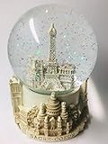 VIANAYA Schneekugel Paris Eiffelturm – Basis aus Kunstharz mit 3D-Monumenten und Glaskugel mit glitzernden Pailletten, Farbe Elfenbeinfarben, Größe M (Höhe 11 cm)