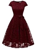 MuaDress 6008 Cocktailkleid Knielang Cape Ärmel Spitzen Brautjungfernkleid Floral Elegant Burgundy M